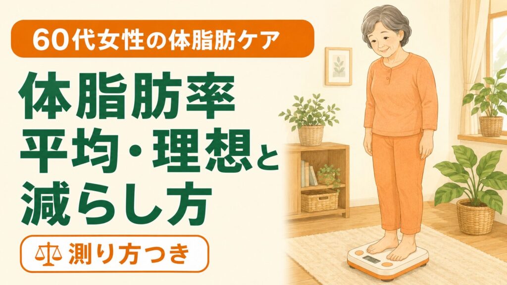 60代女性が体組成計に乗り、体脂肪率の平均・理想値と健康的な減らし方を確認するイラスト
