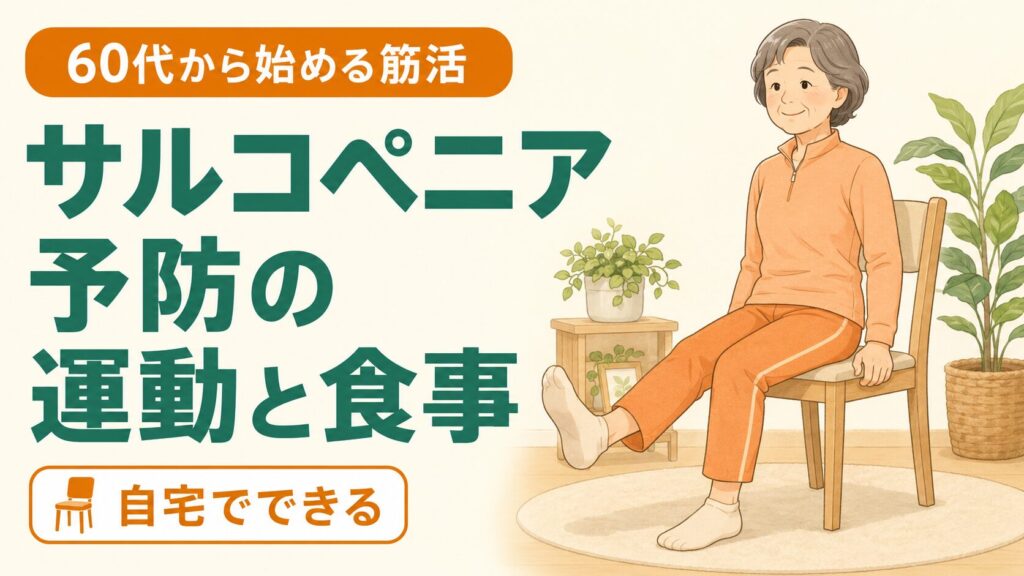 「60代のサルコペニア予防｜運動と食事で筋肉量を守るイメージ」