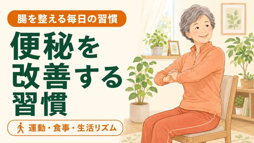 椅子でお腹をひねる体操をする60代女性のイラスト｜高齢者の便秘改善｜まちFit