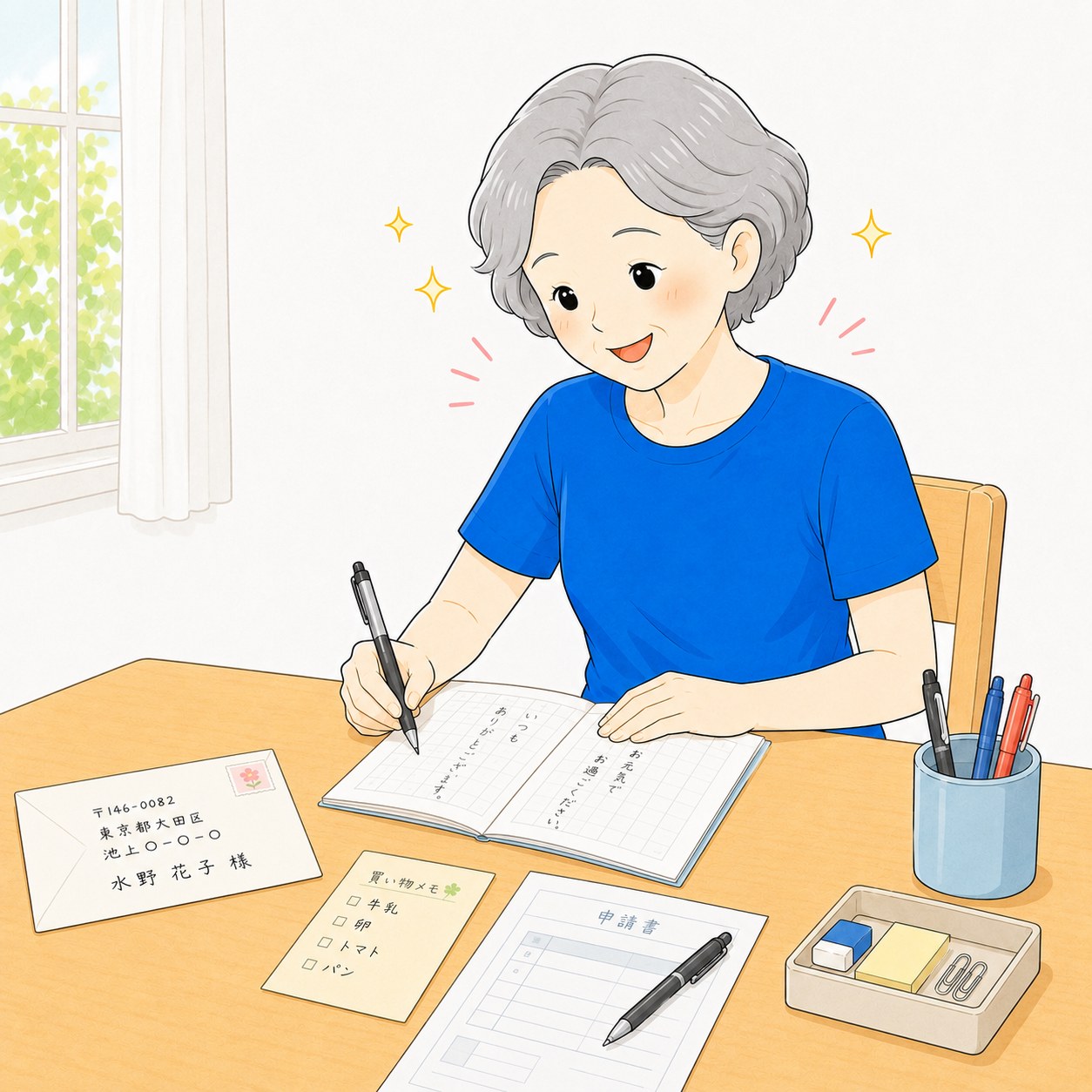 ペンを持って練習を始めるシニア女性