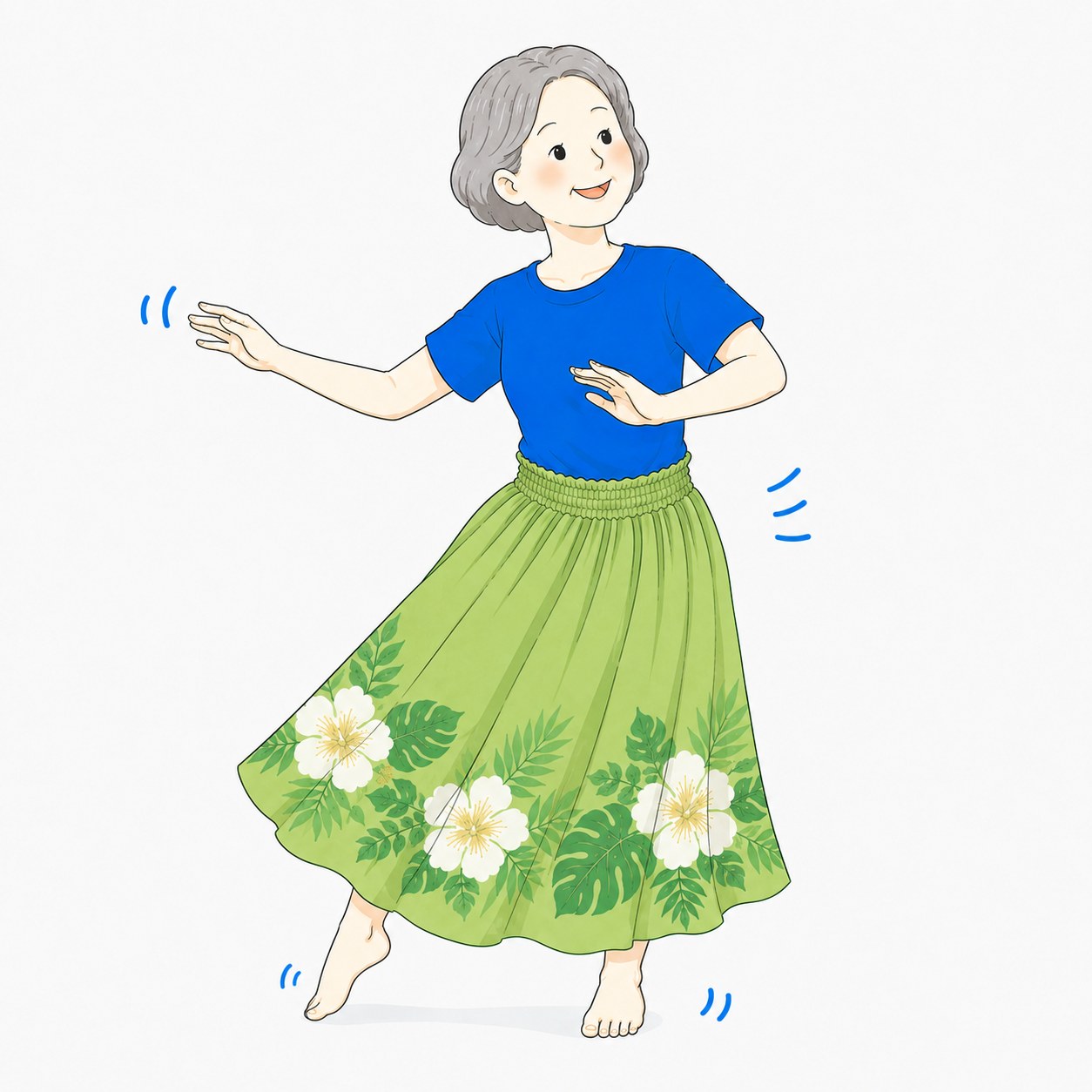 手の動きでフラを踊るシニア女性