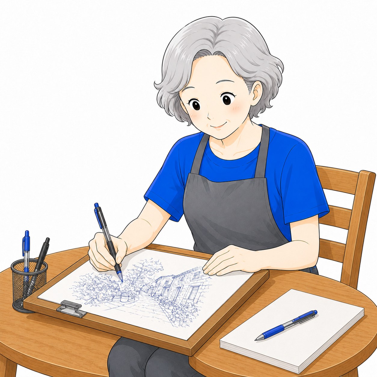 ボールペンとマーカーで描くシニアの手元
