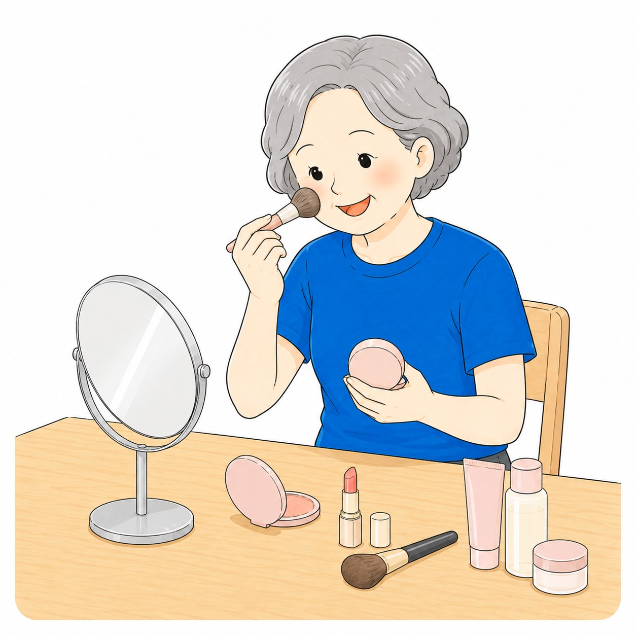 シニアの肌に合わせたメイクを学ぶ女性