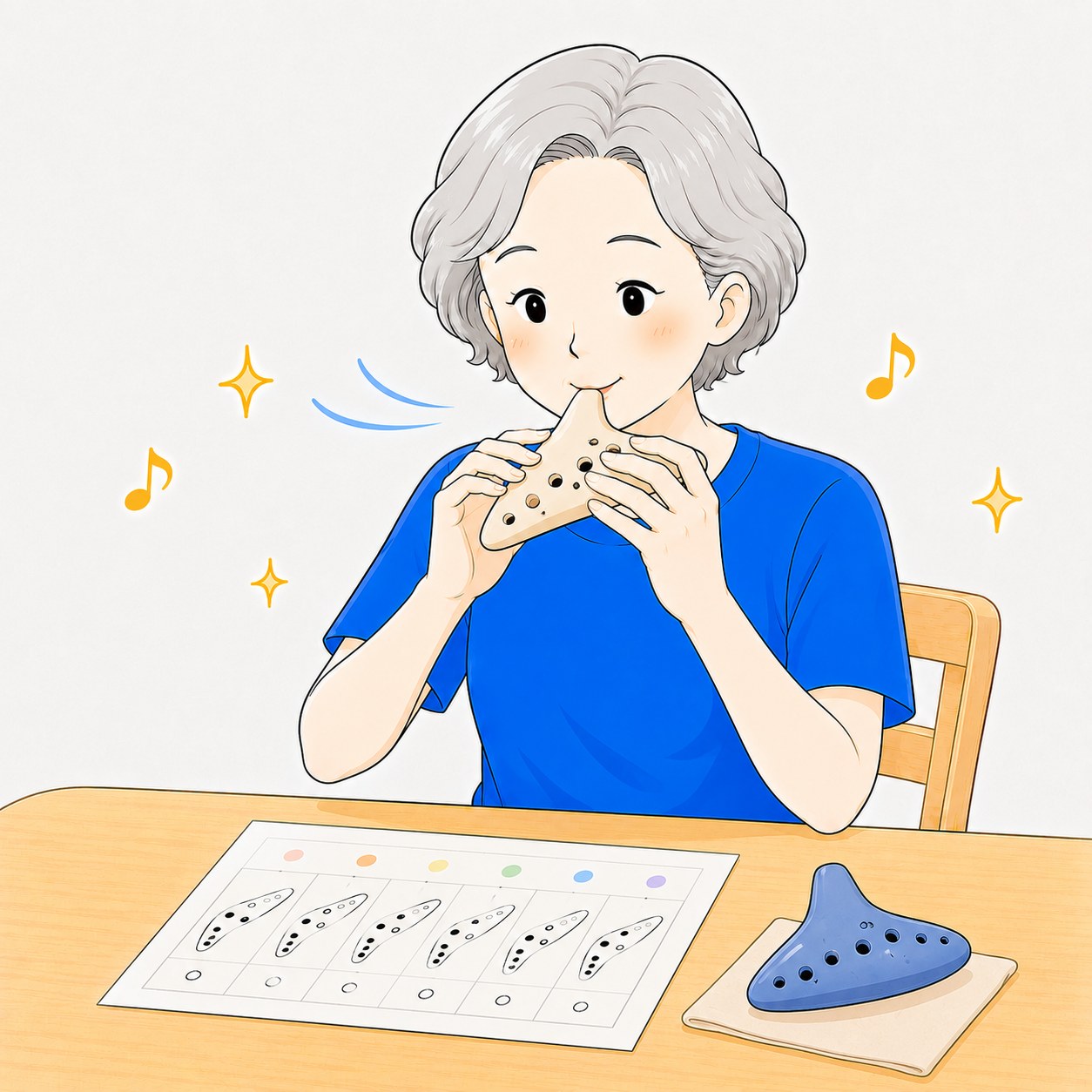 オカリナの持ち方を習うシニア女性