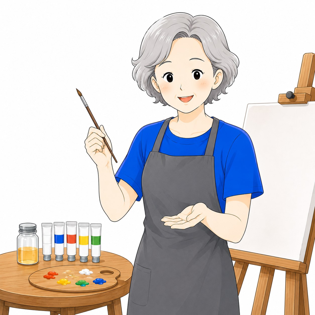 油絵の描き方を教わるシニア女性