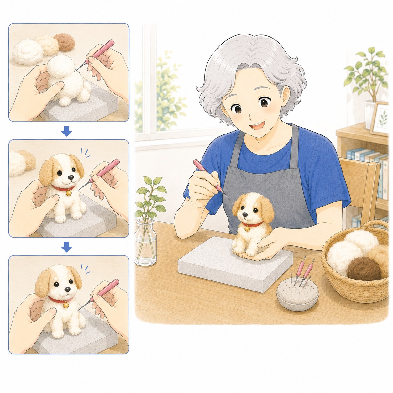 羊毛フェルトの作品を仕上げるシニア女性
