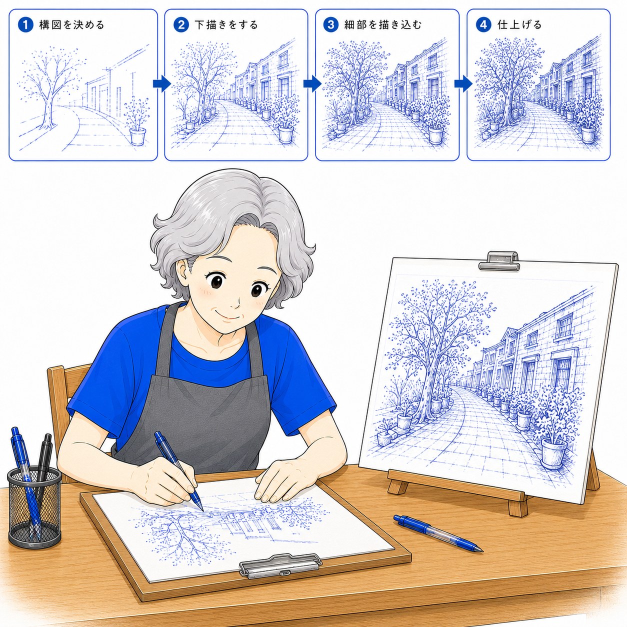 イラストの描き方を教わるシニア女性