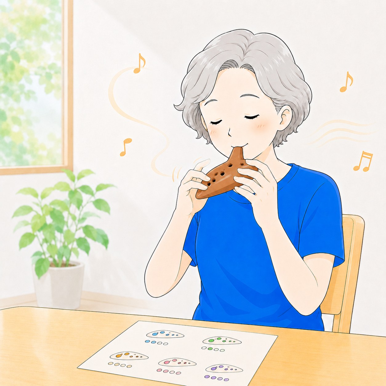楽譜を見ずにオカリナを吹くシニア