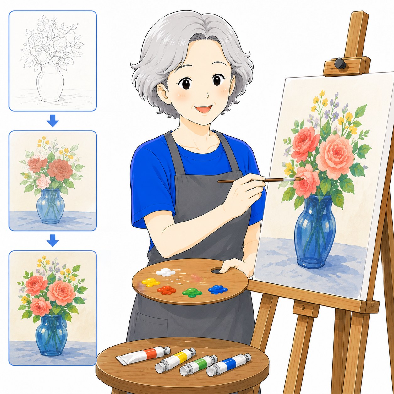 キャンバスに油絵を描くシニアの様子
