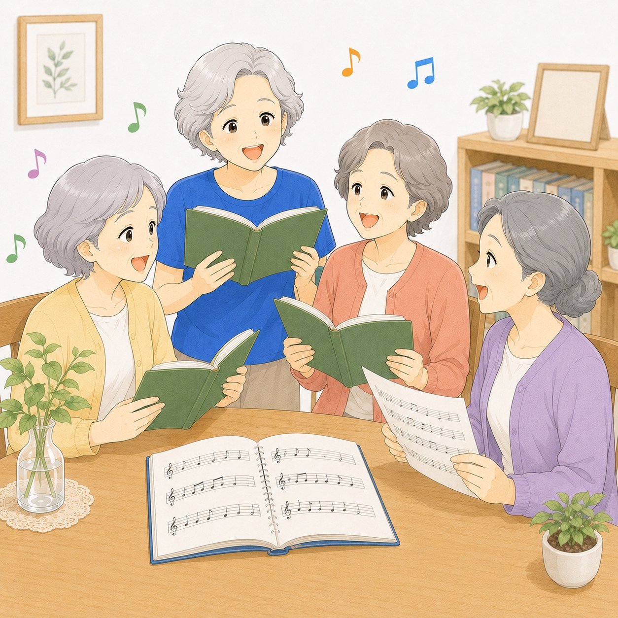仲間と声を合わせて歌うシニアたち