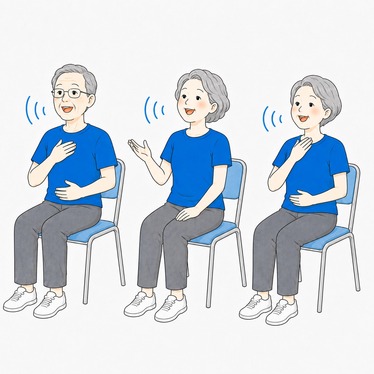 声の出し方を練習するシニア女性