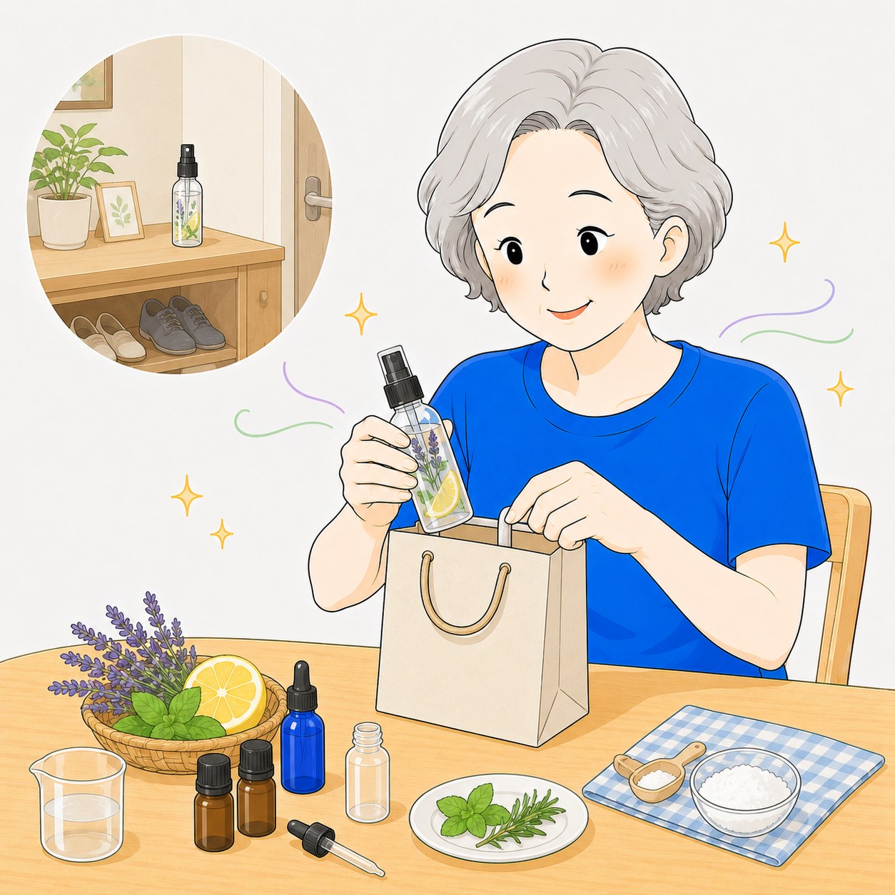 手作りの消臭剤を持ち帰るシニア女性