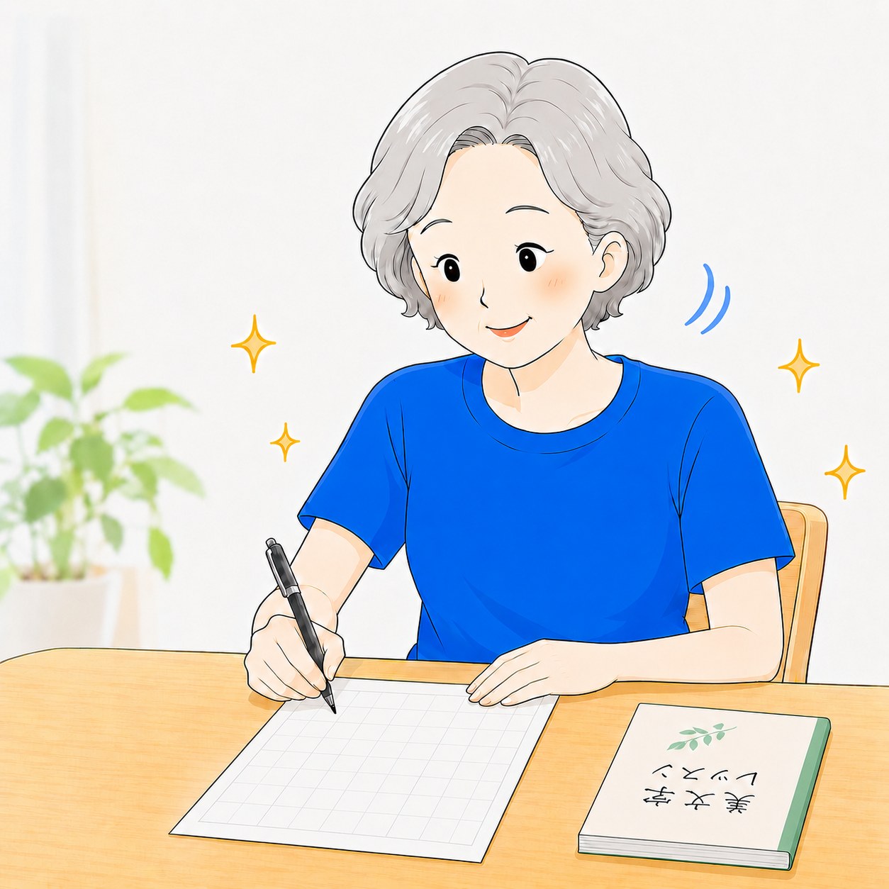 集中してペン字を練習するシニア女性