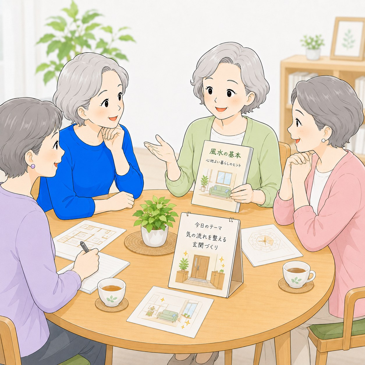 和やかに風水の話を楽しむシニア女性