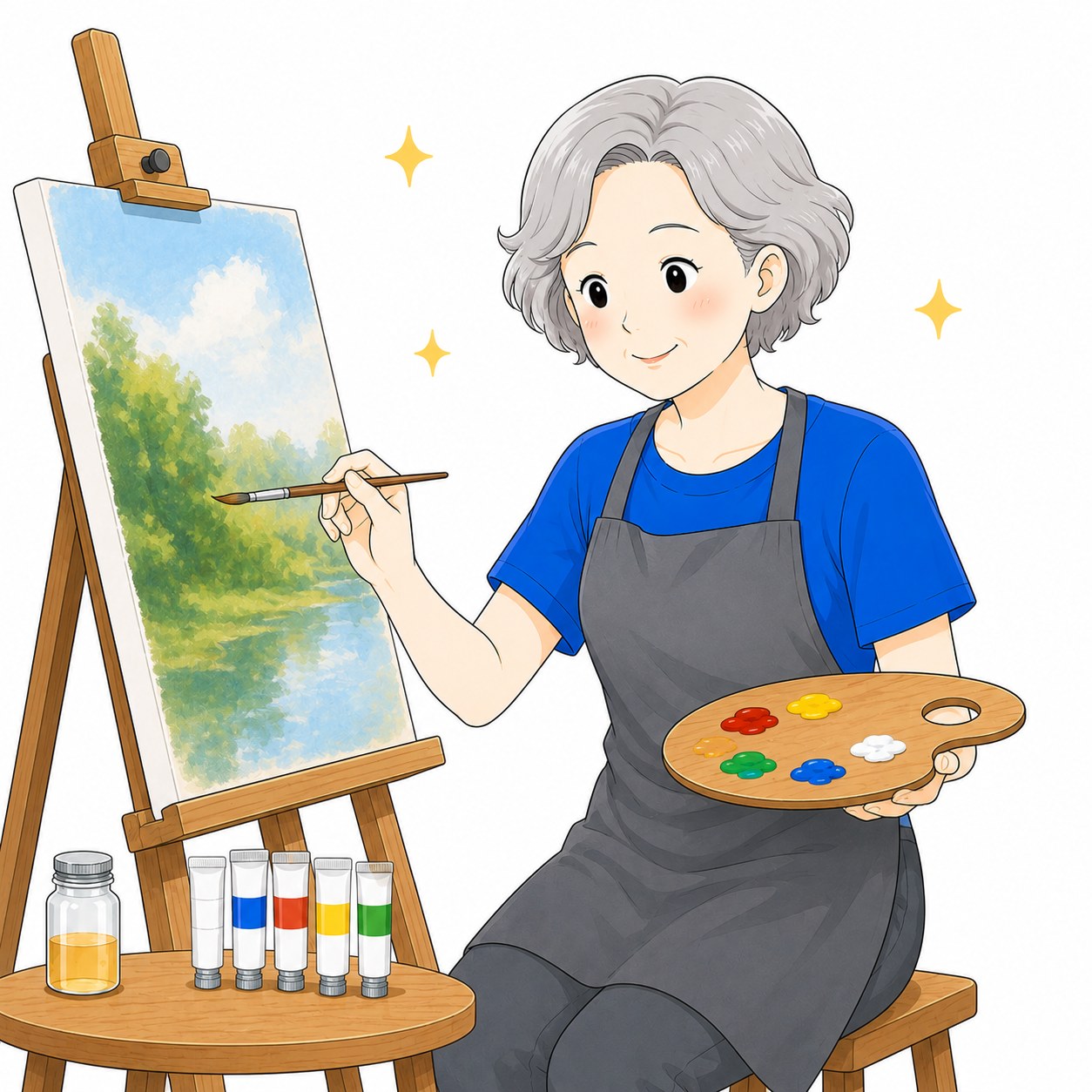 集中して油絵を描くシニア女性