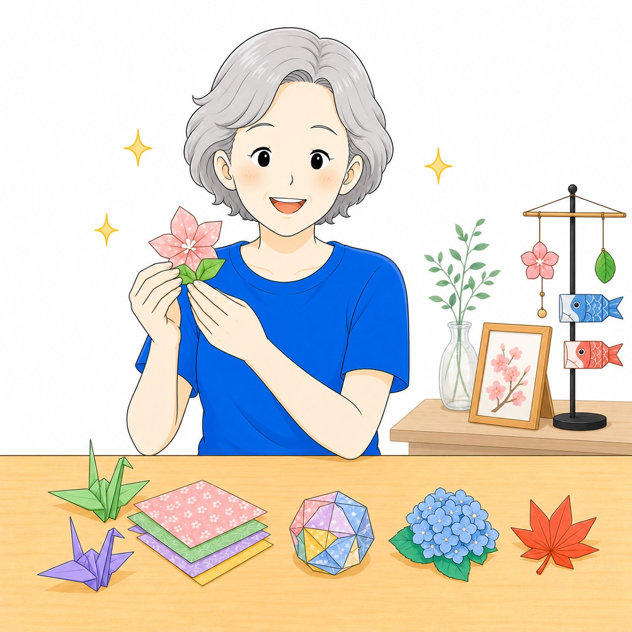 完成した季節の折り紙を眺めるシニア女性