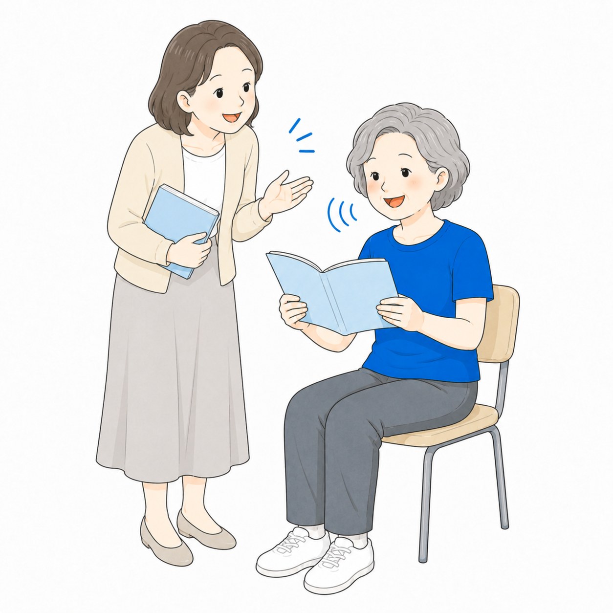 朗読の指導を受けるシニア女性