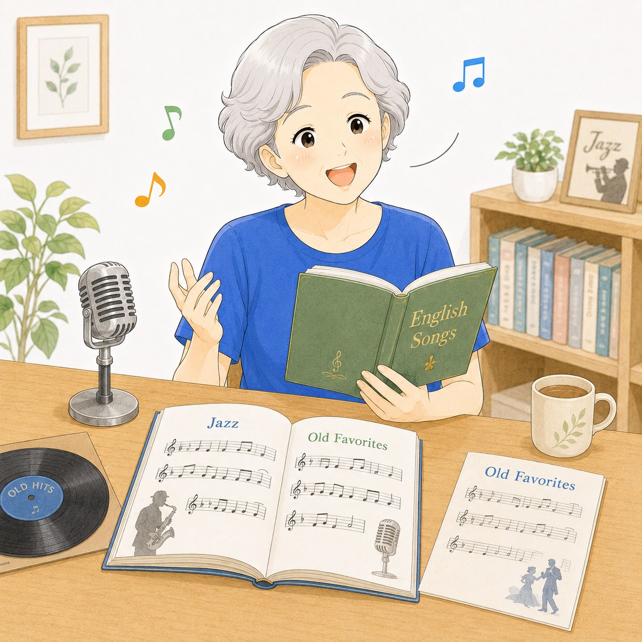 歌詞カードを見ながら楽しく歌うシニア女性