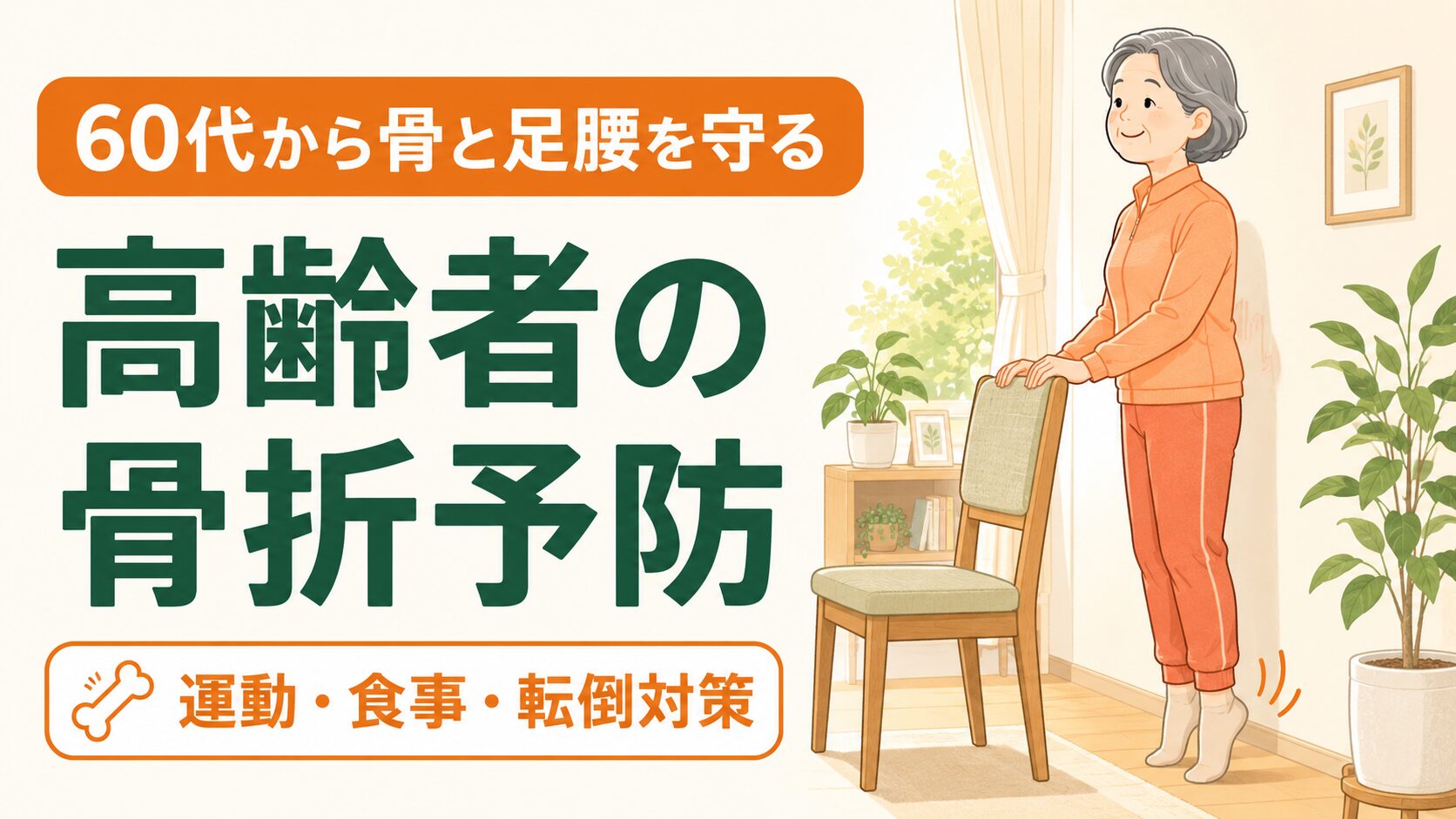壁につかまってかかと上げ運動をする60代女性のイラスト|高齢者の骨折予防|まちFit