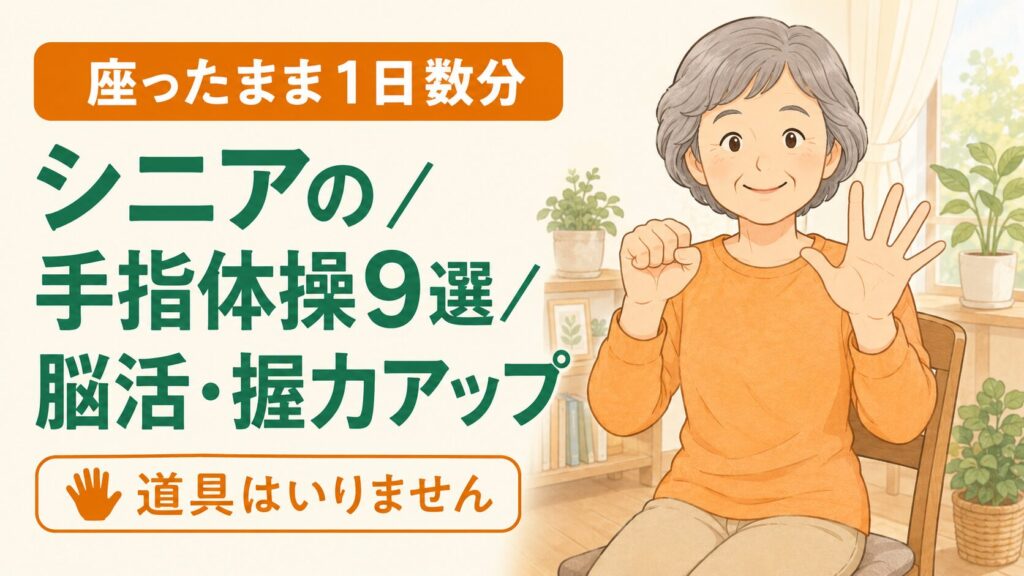椅子に座ってグーパー体操をする60代女性のイラスト