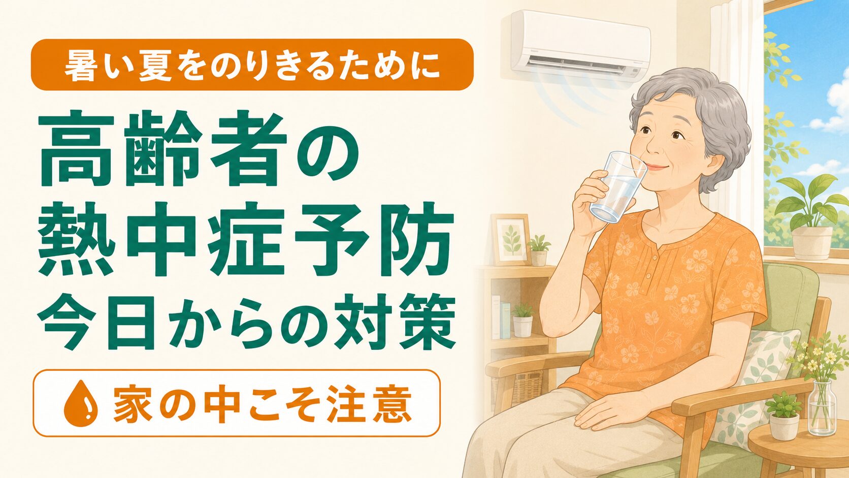 涼しい室内で水分補給をしながらひと休みする60代女性のイラスト