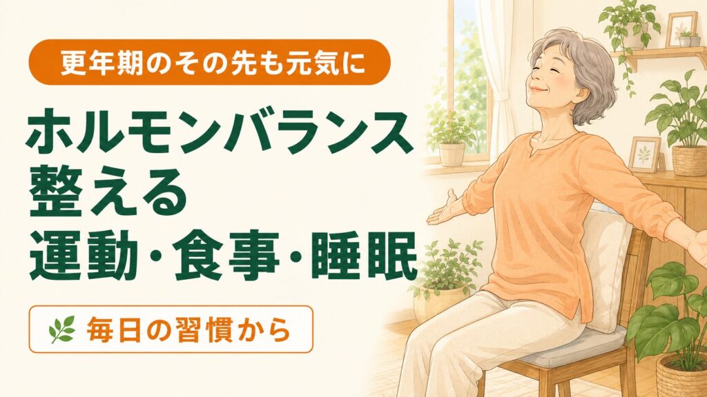60代女性がホルモンバランスを整えるために軽い運動でリラックスする様子