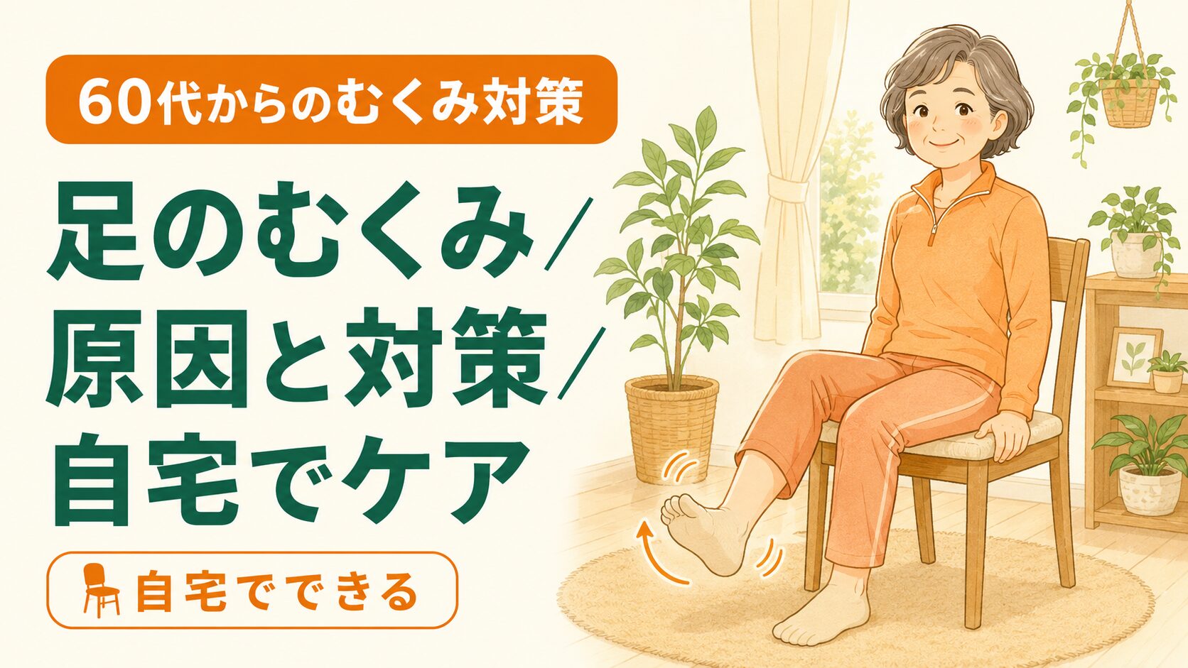高齢者のむくみ対策として椅子に座り足首を動かす軽い体操をする60代女性のイラスト