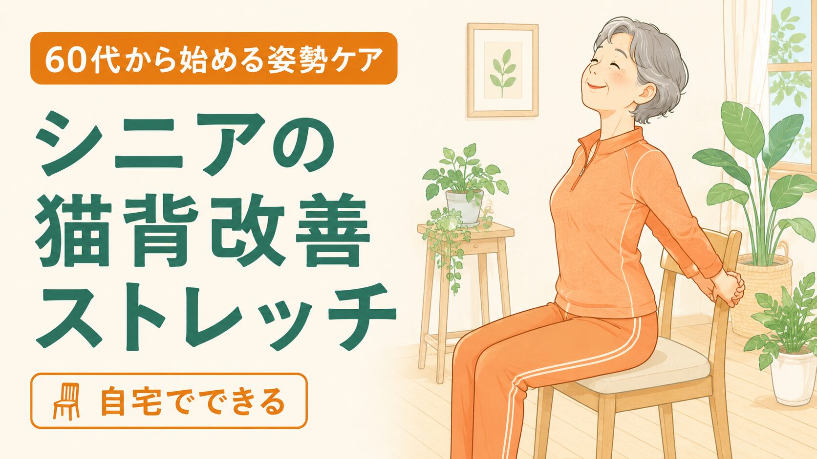60代女性が椅子で背すじを伸ばし猫背を改善するストレッチをする様子