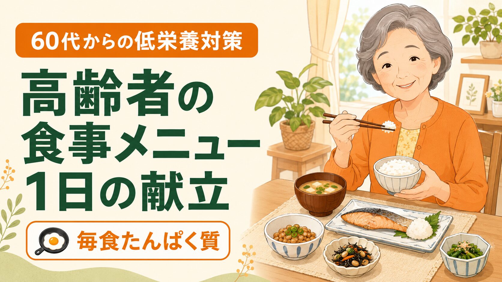 高齢者の1日の食事メニュー例を紹介するイラスト
