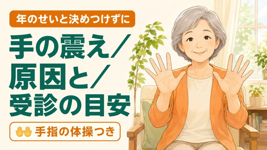 椅子に座って両手の指を開く手指体操をする60代女性のイラスト