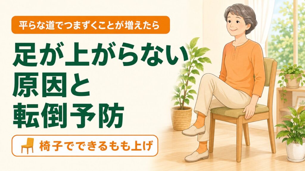 椅子に座って太ももを引き上げるもも上げ運動をする60代女性のイラスト