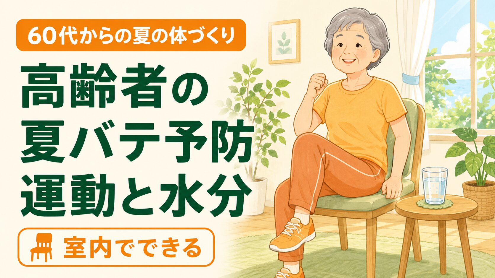 涼しい室内で椅子に座り、水分をとりながら体を動かすシニア女性
