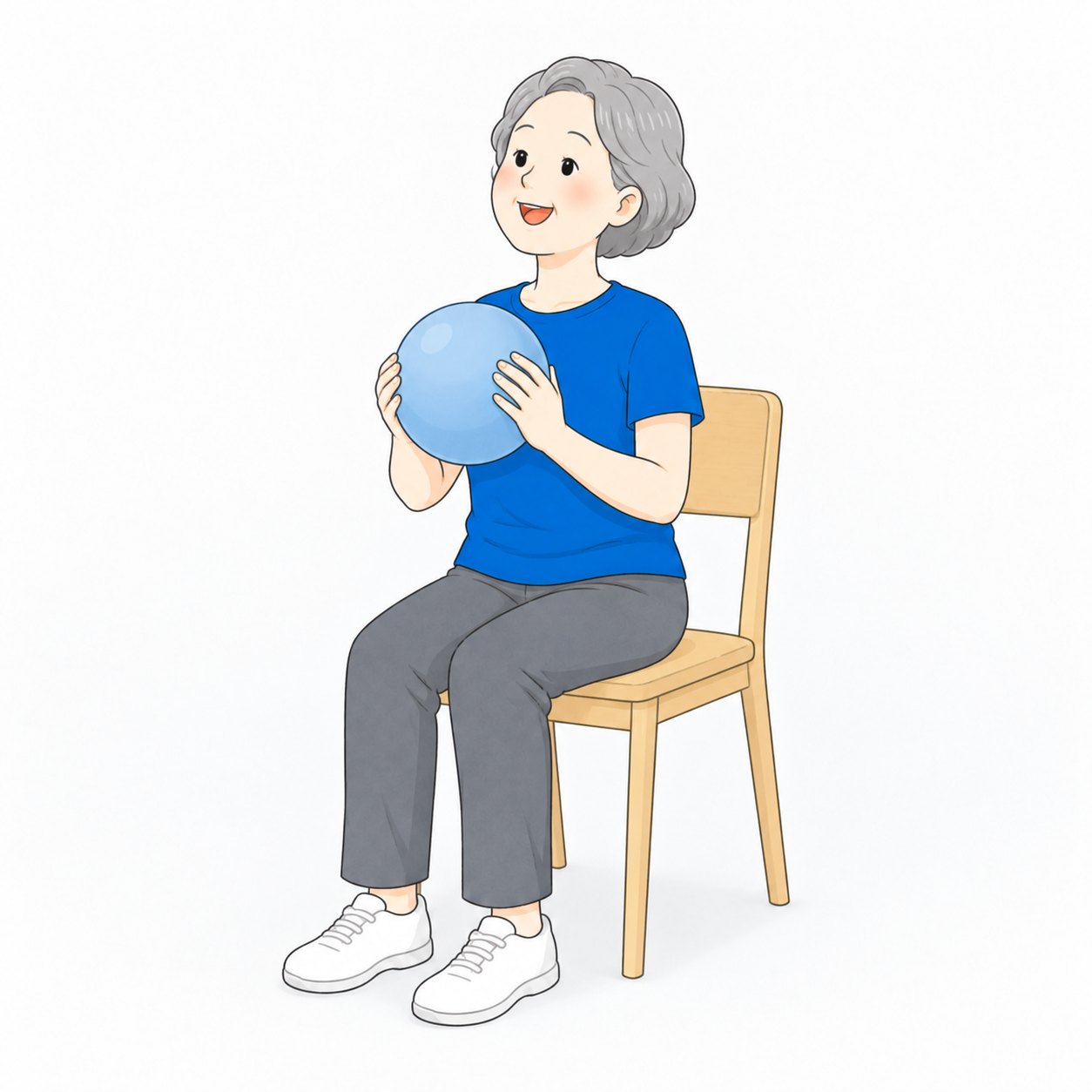 椅子に座ってボールを胸の前に持つシニア女性