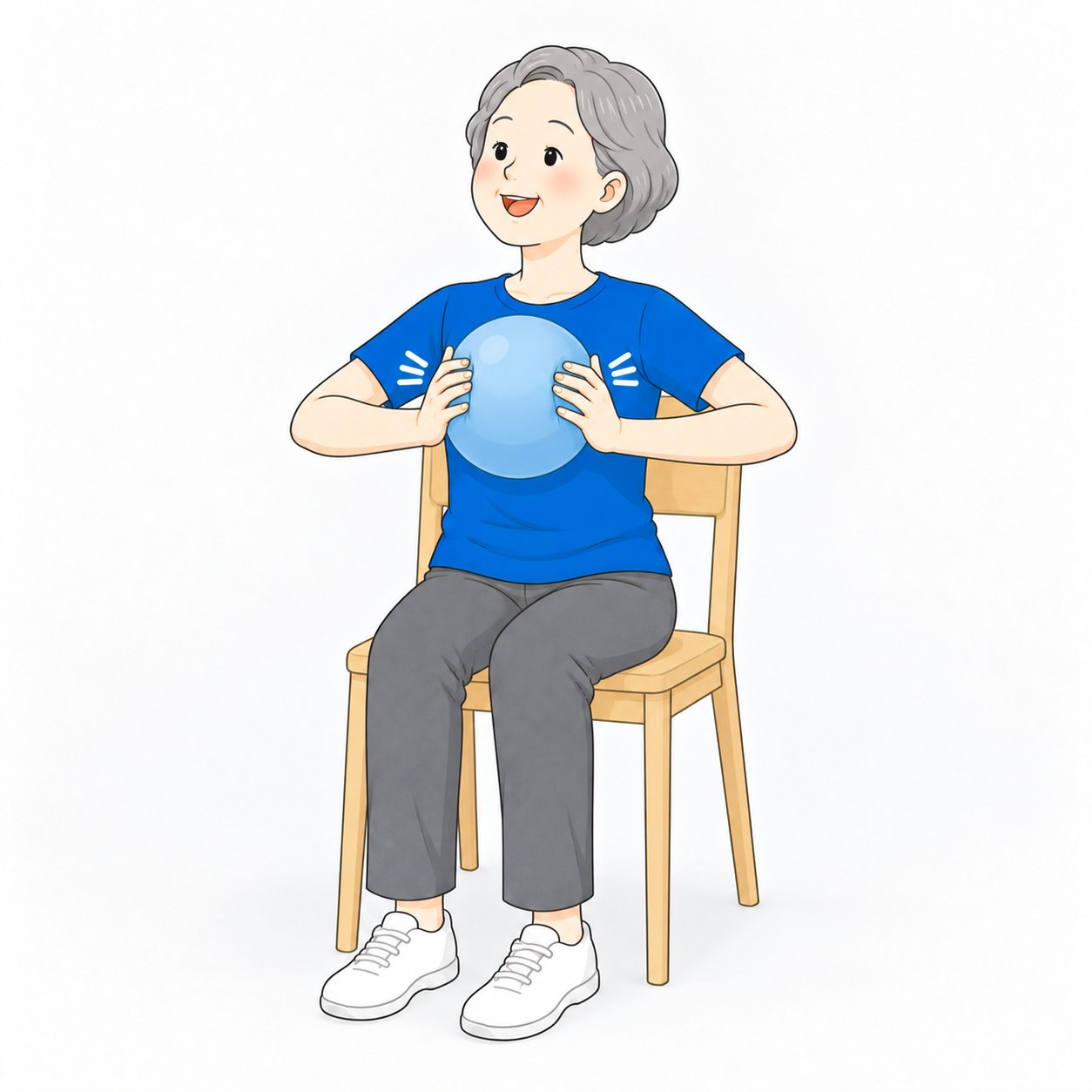 椅子に座ってボールを両手ではさんで押すシニア女性