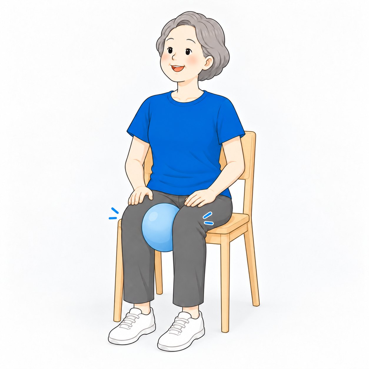 椅子に座ってボールを両ひざではさむシニア女性
