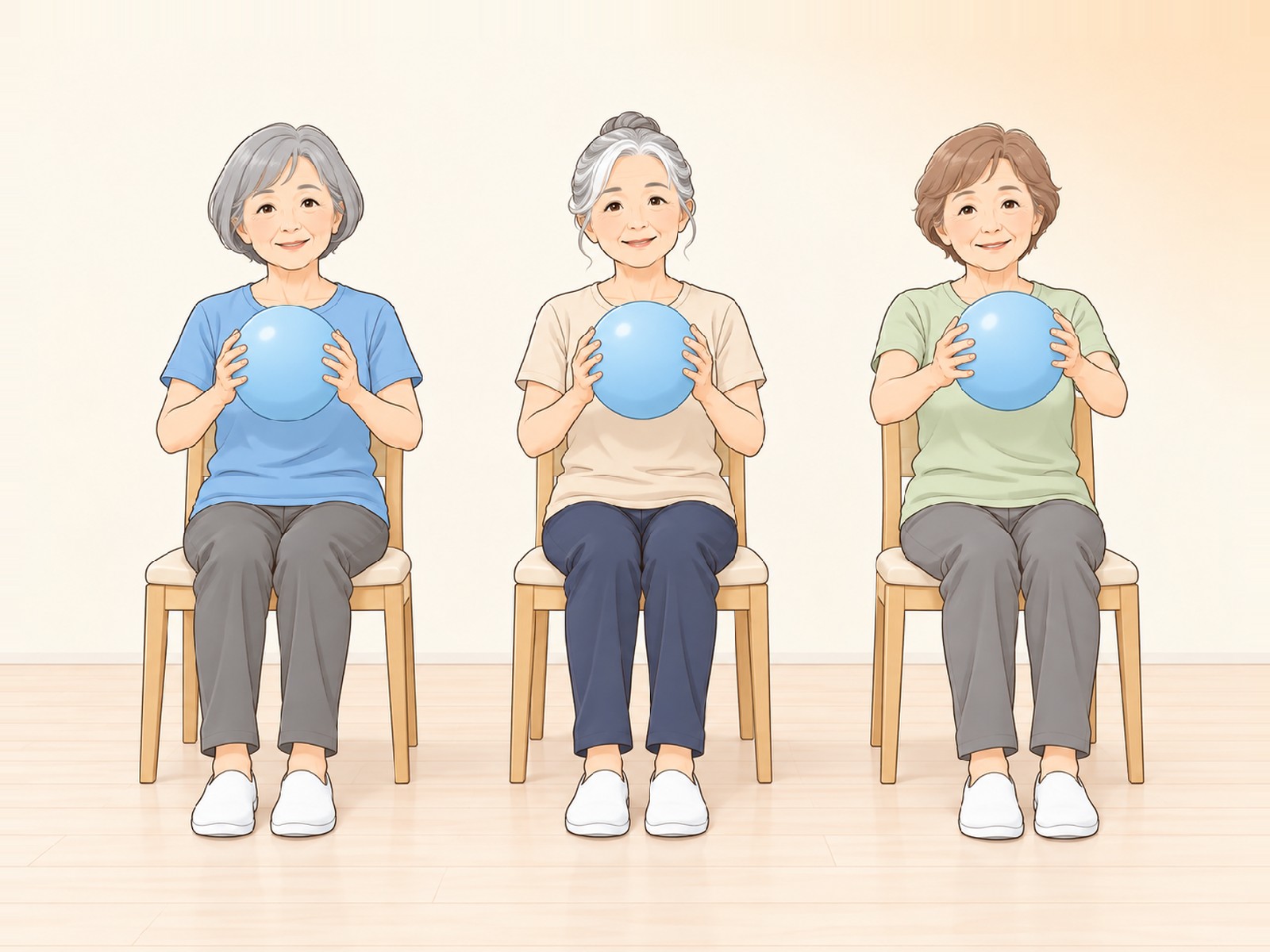 椅子に座ってボールを胸の前に持つ3人の参加者のイラスト