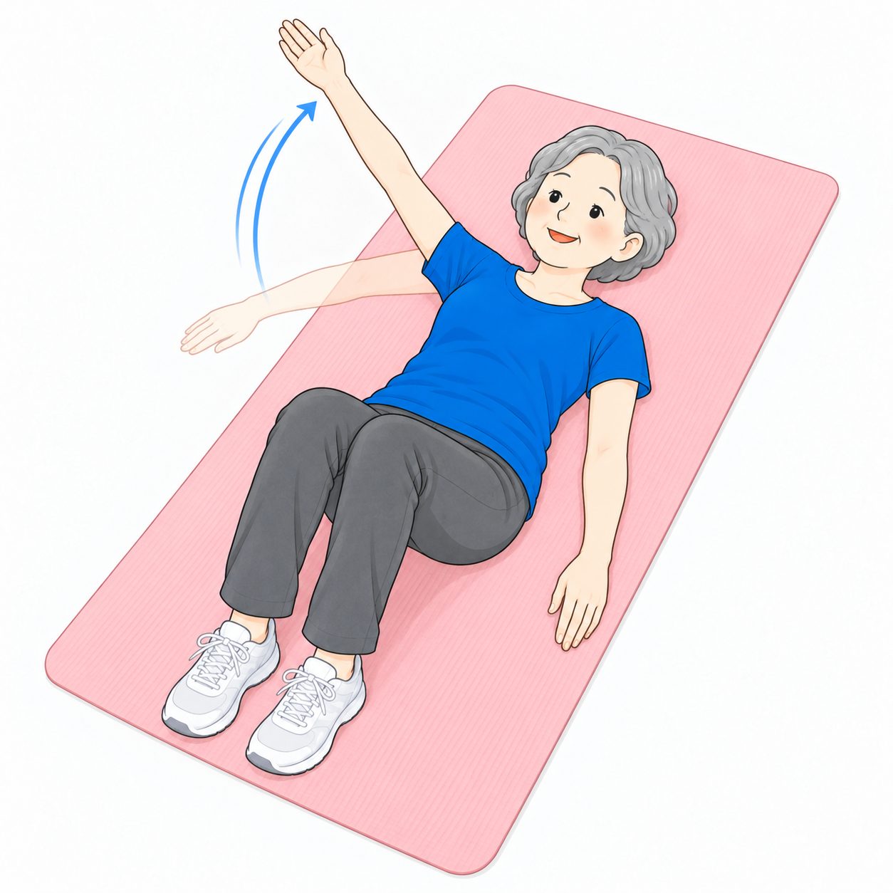 マットにあおむけで腕をゆっくり動かすシニア女性