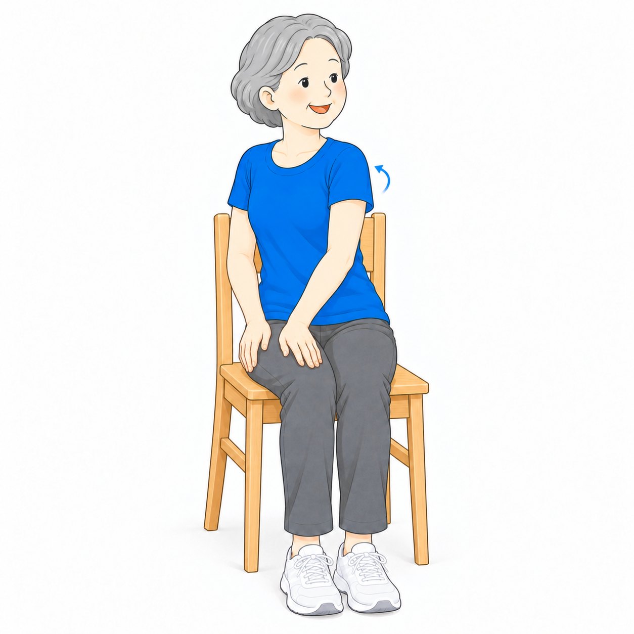 椅子に座って上半身を浅くひねるシニア女性