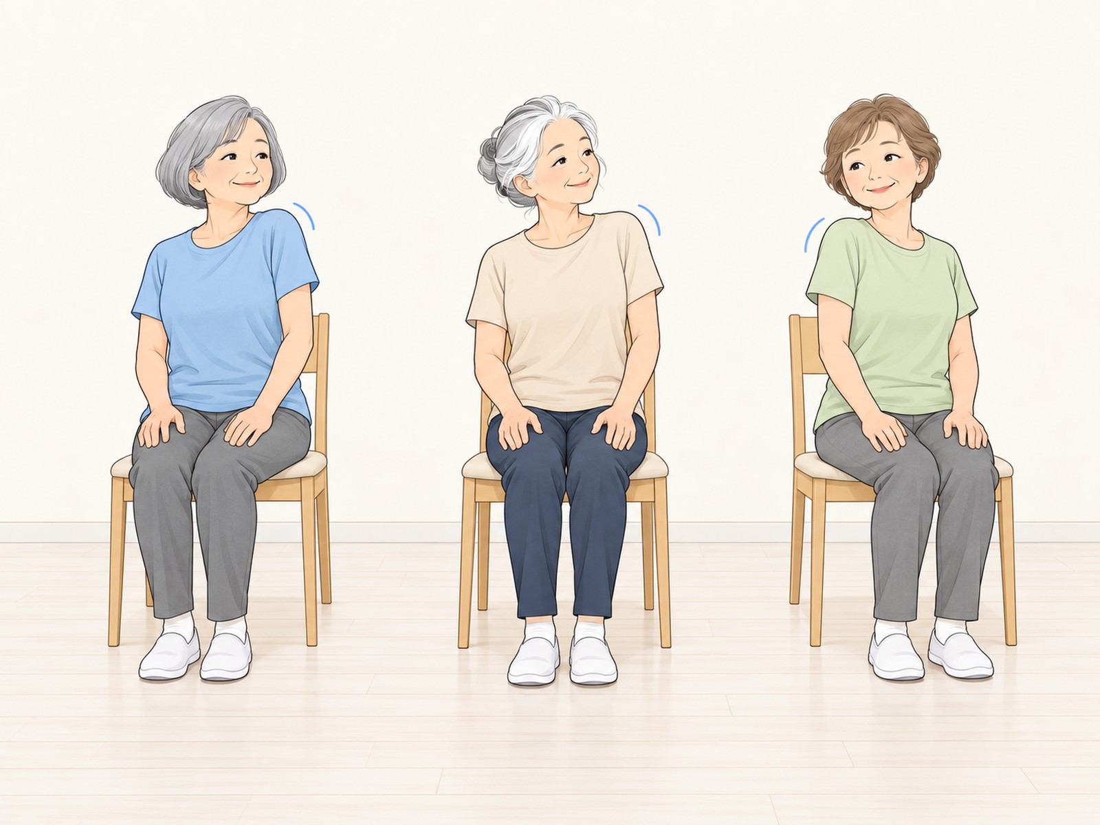 椅子に座って肩をゆっくり回す3人の参加者のイラスト