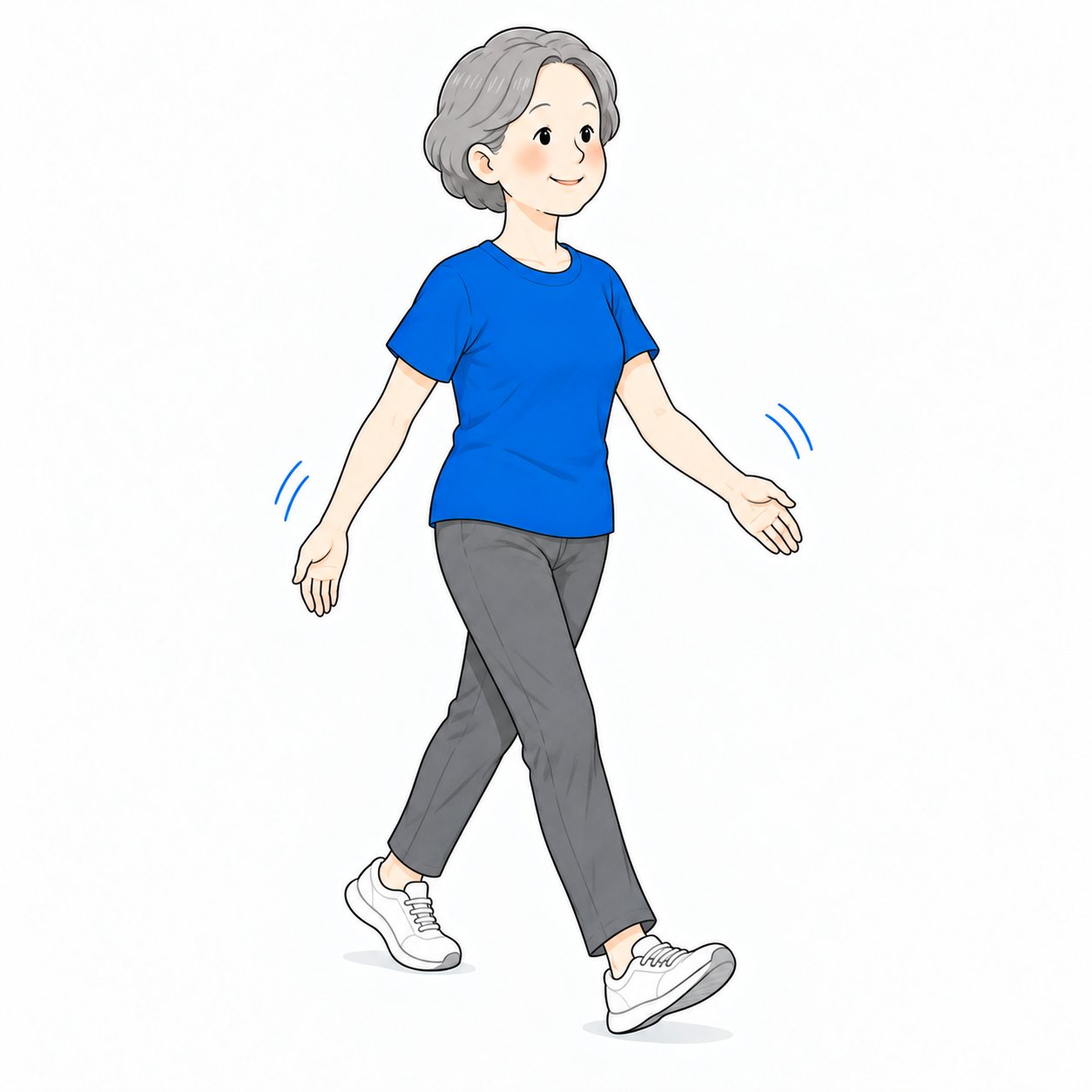 手ぶらで腕を振って歩くシニア女性