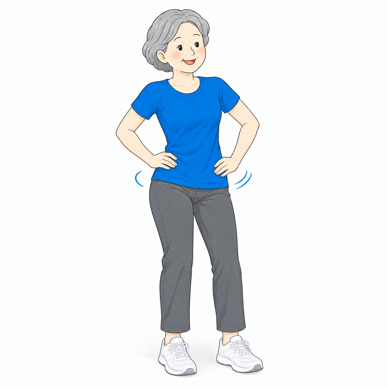 立って腰に手を添え骨盤を動かすシニア女性