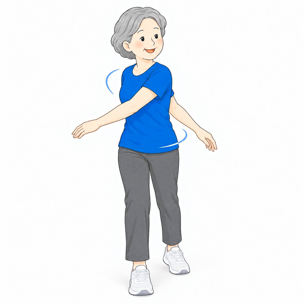 立って上半身をゆっくりひねるシニア女性