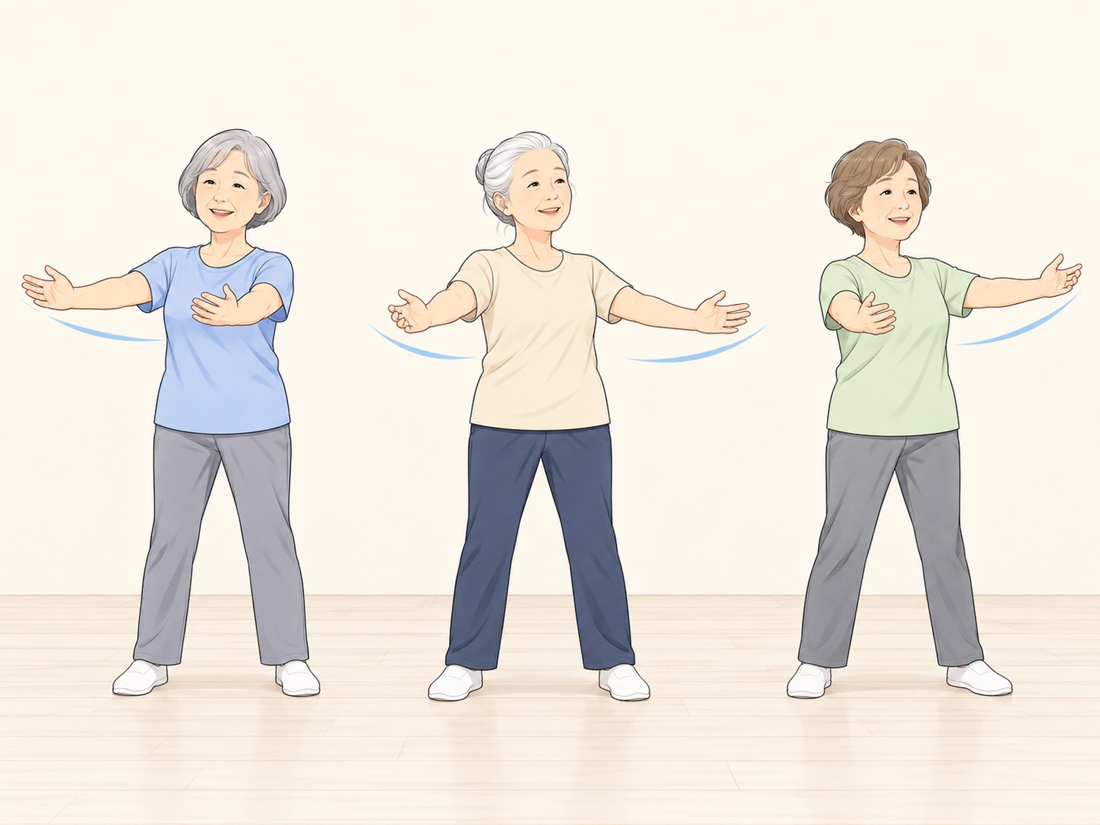 立って両腕を横に流す3人の参加者のイラスト
