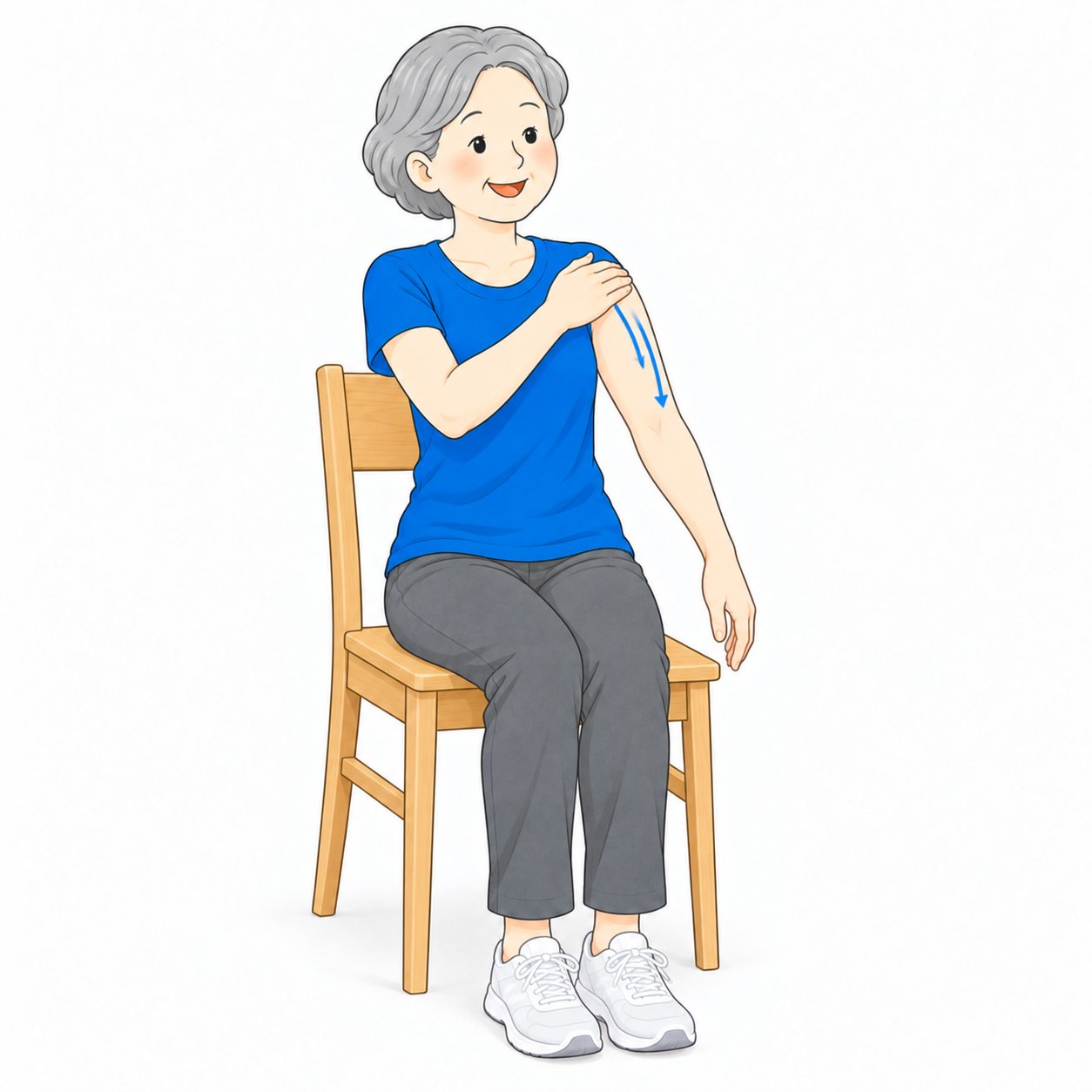 椅子に座って肩から腕をさするシニア女性