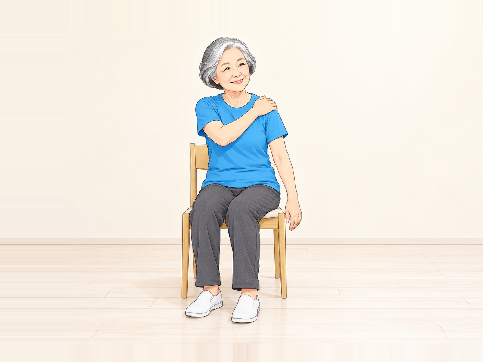 椅子に座って肩から腕をさするシニア女性のイラスト