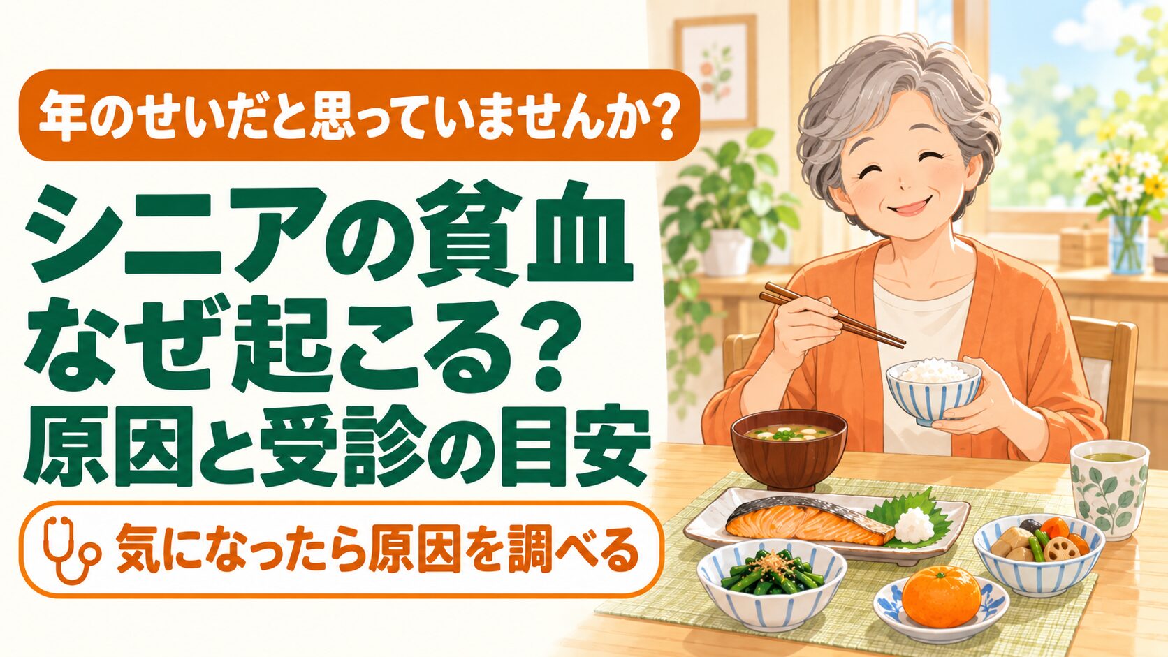 明るい食卓で鮭や青菜、果物の並ぶ食事を前に箸を手にほほえむ60代女性（シニアの貧血の原因と対策のイメージ）