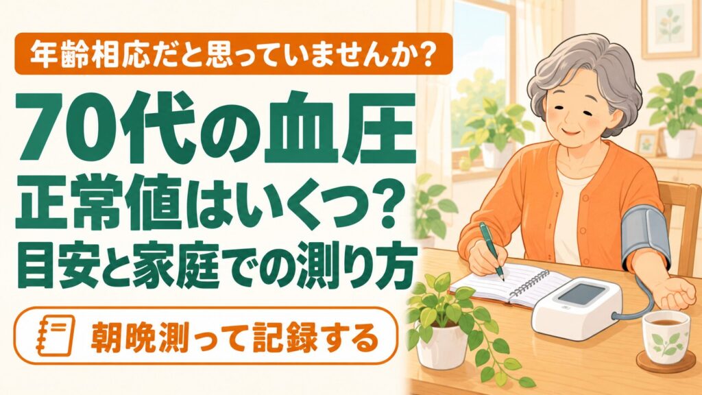 朝のリビングで椅子に座り、上腕式の血圧計で血圧を測ってノートに記録する70代女性（70代の血圧の正常値と家庭での測り方のイメージ）