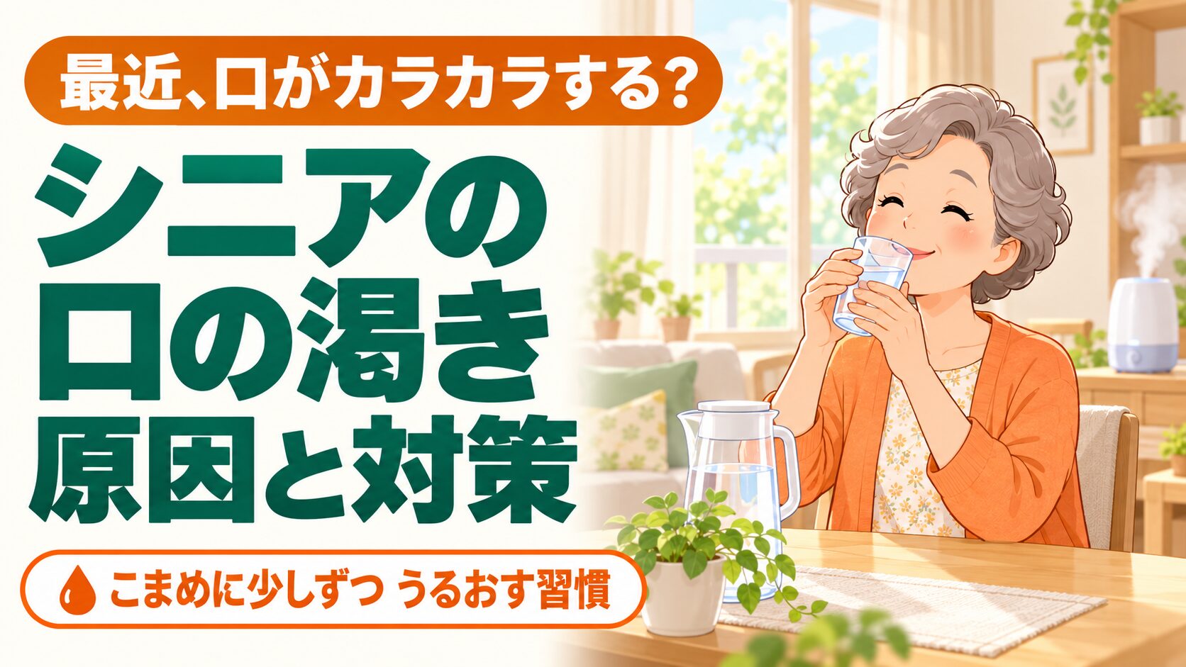 明るいリビングで水の入ったコップを手に少しずつ口をうるおす60代女性（シニアの口の渇き対策のイメージ）
