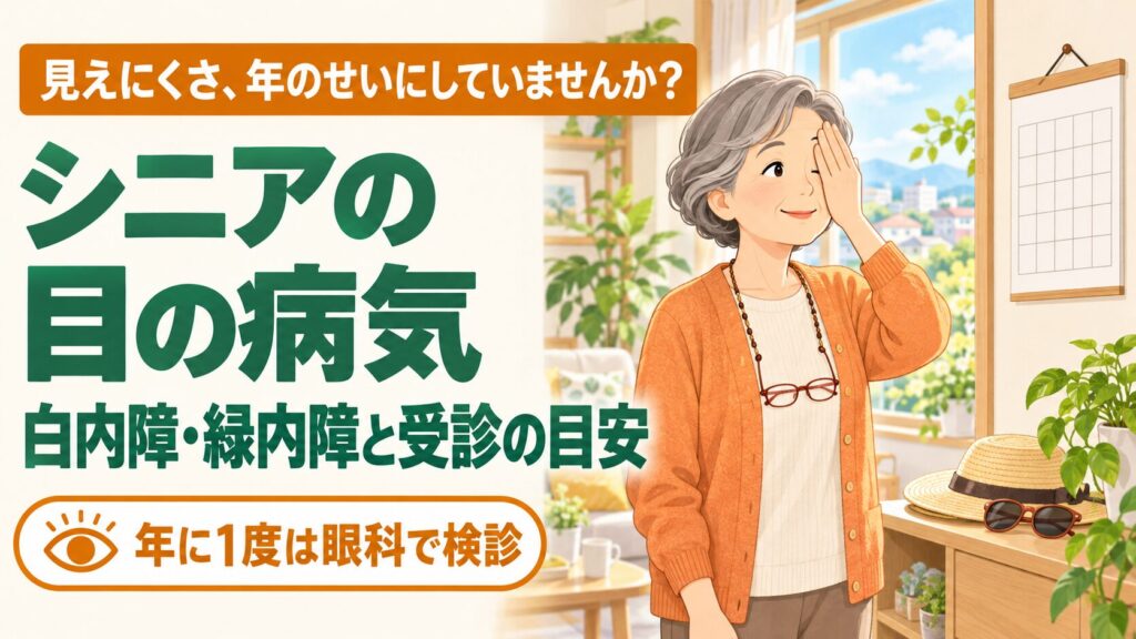 明るい窓辺で片手で片目を隠し、壁のカレンダーの線の見え方を確かめる60代女性（シニアの目の病気と見え方のセルフチェックのイメージ）