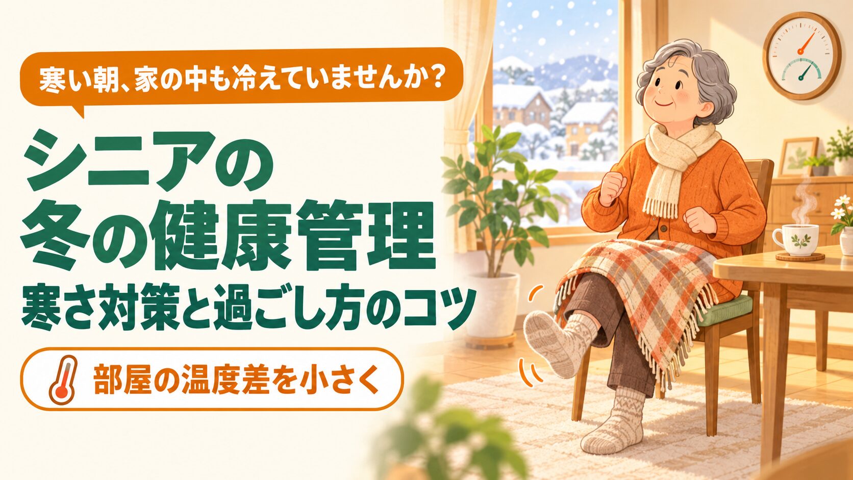 暖かいリビングで温度計を確かめながら、ひざ掛けをして椅子で足踏みをする60代女性（シニアの冬の健康管理と寒さ対策のイメージ）